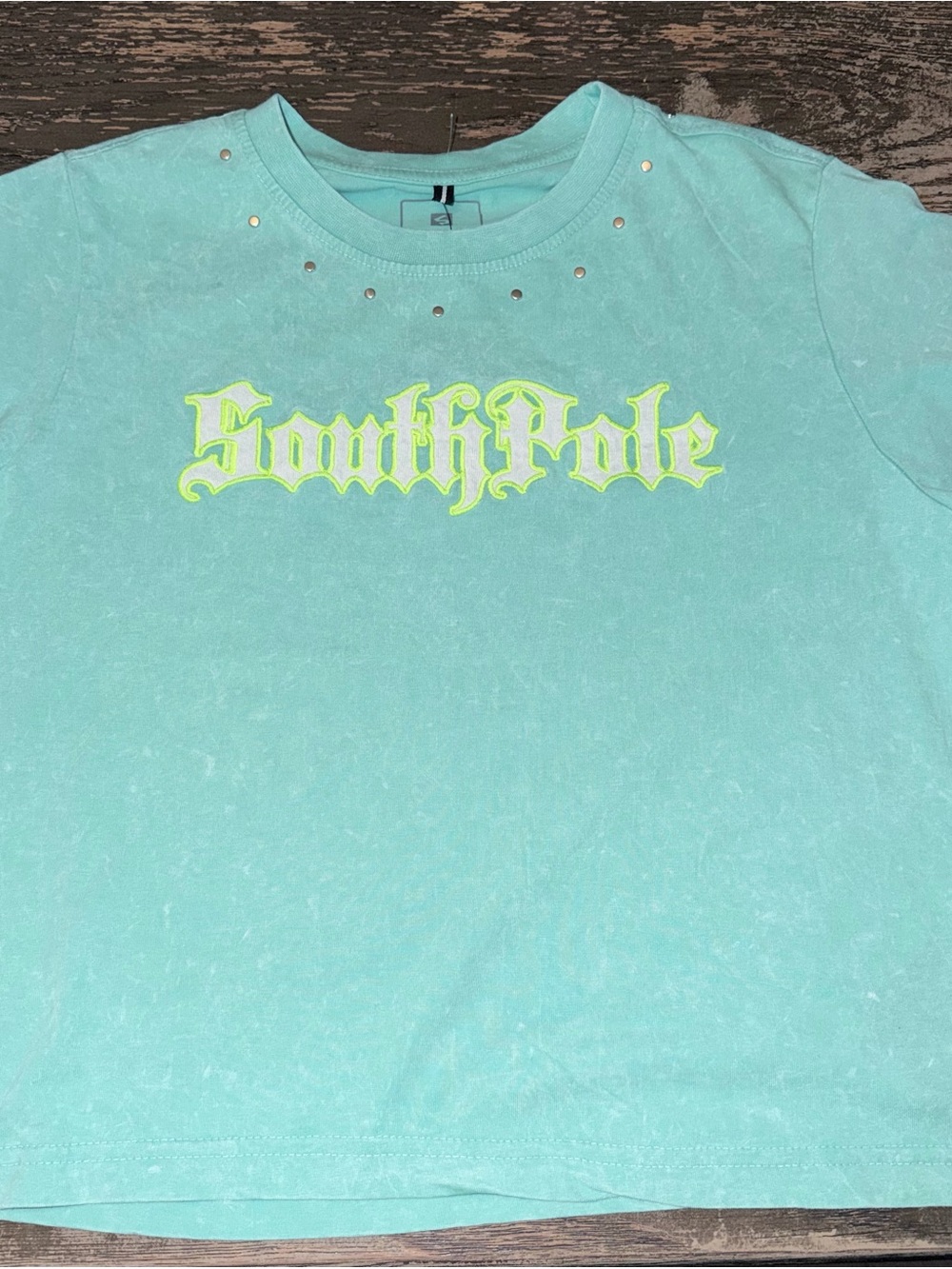 Y2K Vintage Southpole Acid Wash Graphic Tee Studded Rhinestone Aqua Blue M